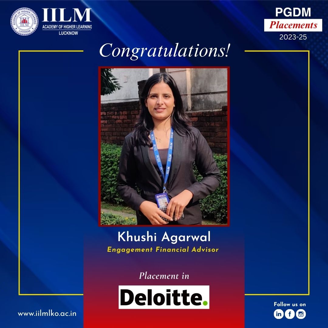 iilmahllko's tweet photo. IILM Lucknow congratulates Khushi Agarwal of PGDM Batch 2023-25 for selection in Deloitte as Engagement Financial Advisor, through Campus Placement.
Our Best Wishes for a bright and successful career ahead.
#IILM #iilmlucknow #pgdm #pgdmfinance #bschool #highereducation https://t.co/rLKMyuqyKO