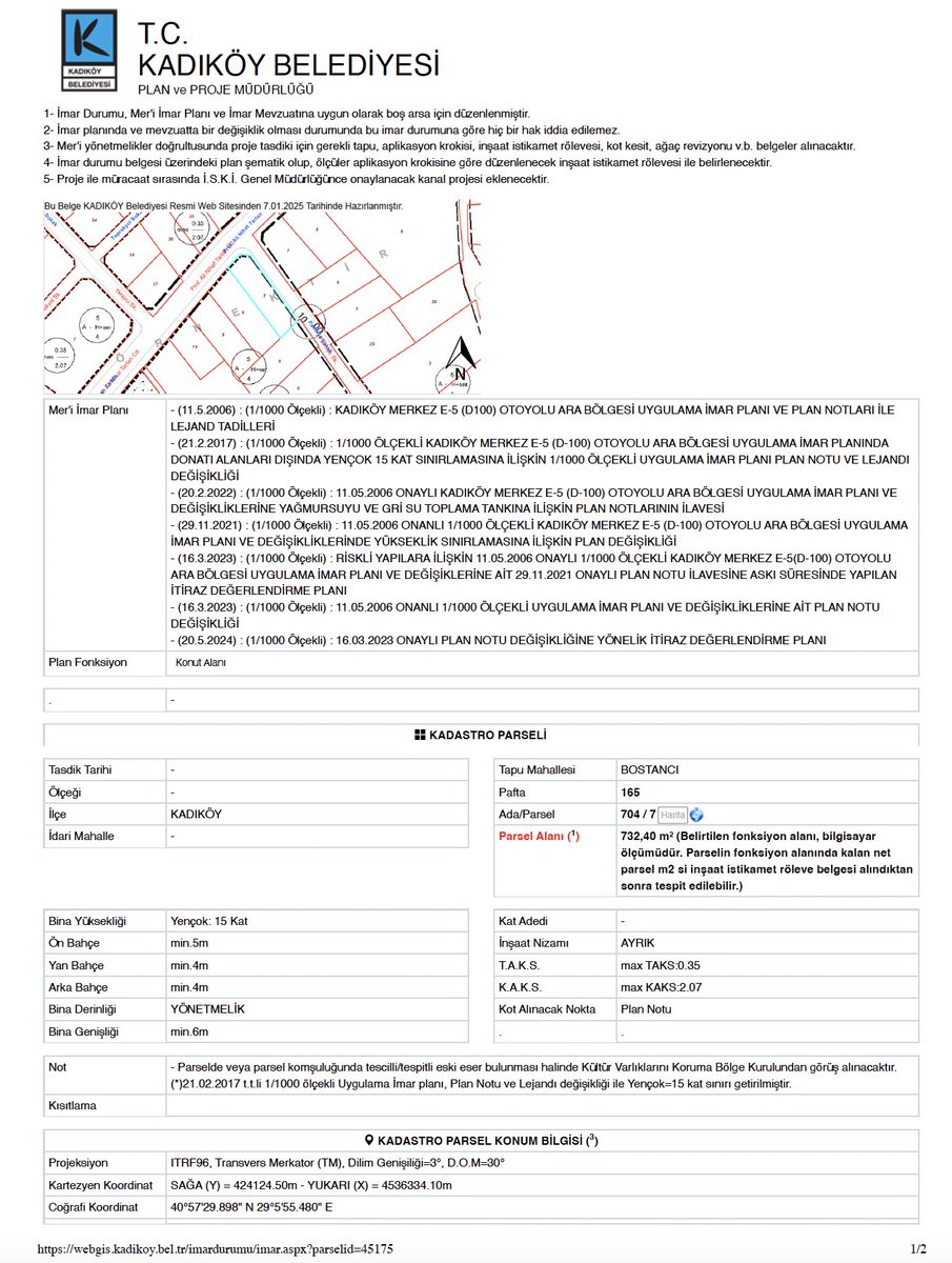 1- Önce bu inşaatla başlayalım, devamında da aynı bölgeden başka örneklerle devam edelim konuşmaya. İnşaatın bulunduğu alanın 20 Ocak 2019'da ve 6 Ocak 2024'te çekilmiş sokak görüntülerini, parselin ölçülerini gösteren TKGM verilerini ve imar koşullarını ekleyelim.