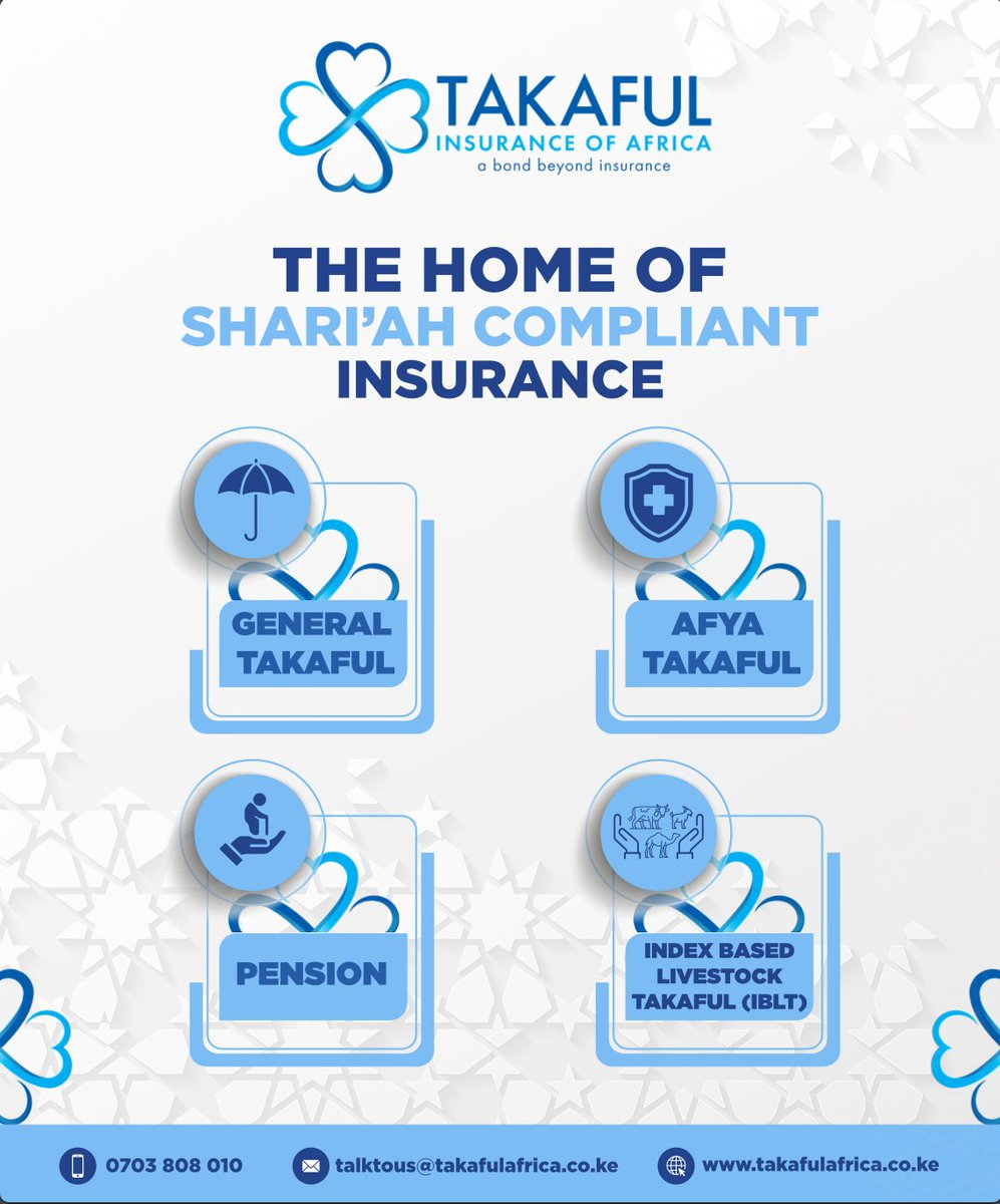 Takaful_Africa's tweet image. Discover the Home of Shari'ah Compliant Insurance 
Takaful Insurance of Africa offers a wide range of ethical and tailored solutions for your needs:
Choose ethical, choose Takaful. 💙 #ShariahCompliant #TakafulAfrica #InsuranceWithCare