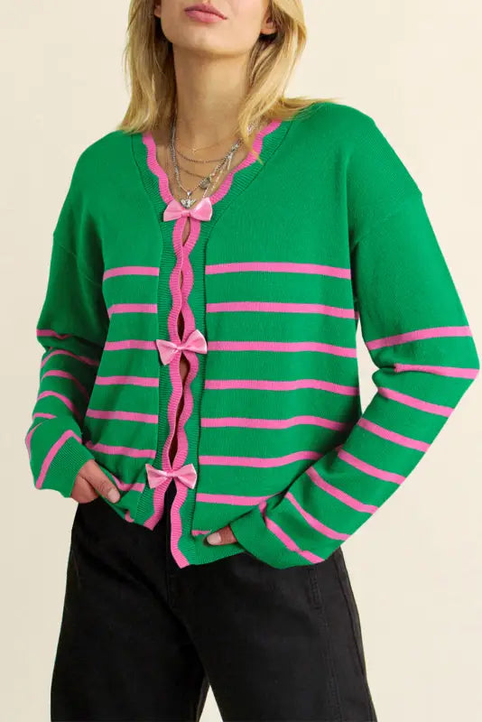 FashionfitzX's tweet photo. - Cute Bow Cardigan - Green Stripe Knit  £33.99   https://t.co/2Ko48PuPld https://t.co/1r0Jcffd7D