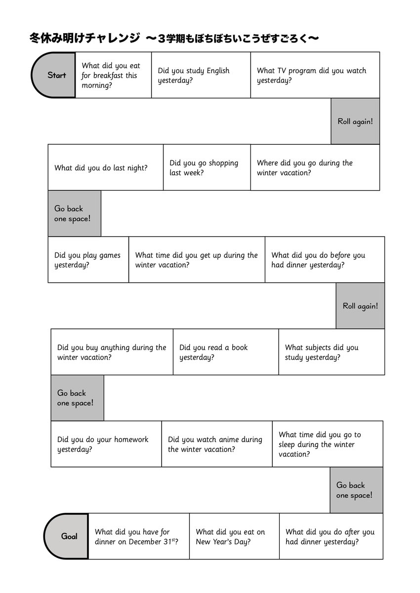 冬休み明けチャレンジ：すごろく（中１）  休み明けは、復習しながら生徒もこちらもお互いゆるやかに授業に入りたいものです。グループでサイコロを振って、英語を使う活動を楽しくおこないます。２学期末に 過去形を扱ったこともあり、それらを中心に入れています。