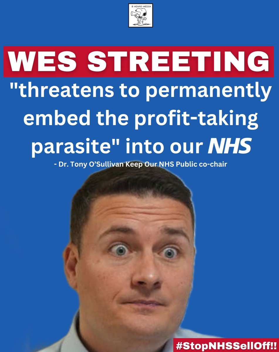 bheardmedia's tweet photo. “The commitment of Keir Starmer and Wes Streeting to long-term contracts with the private sector threatens to permanently embed the profit-taking parasite in the NHS host, undermining the prospect of NHS recovery." - Dr. Tony O’Sullivan, @keepnhspublic
#StopNHSSellOff ⛔️ https://t.co/ayIcGHMzSG