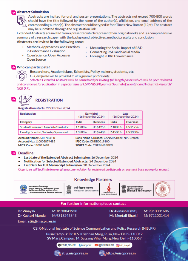CSIR-NIScPR (@csir_niscpr) on Twitter photo Get ready for STIig-2025!
Join us on 14-15 Jan 2025 at <a href="/CSIR_NIScPR/">CSIR-NIScPR</a> Pusa campus & <a href="/CSIR_NPL/">CSIR-NPL</a> for an international conference on "Aligning Science-Technology-Innovation Indicators for Effective R&D Governance.
#STIig2025
<a href="/CSIR_IND/">CSIR, India</a> <a href="/moesgoi/">MoES GoI</a> <a href="/IndiaDST/">DSTIndia</a> <a href="/insa_academy/">Indian National Science Academy (INSA)</a> <a href="/icssr/">Indian Council of Social Science Research (ICSSR)</a> Get ready for STIig-2025!
Join us on 14-15 Jan 2025 at <a href="/CSIR_NIScPR/">CSIR-NIScPR</a> Pusa campus & <a href="/CSIR_NPL/">CSIR-NPL</a> for an international conference on "Aligning Science-Technology-Innovation Indicators for Effective R&D Governance.
#STIig2025
<a href="/CSIR_IND/">CSIR, India</a> <a href="/moesgoi/">MoES GoI</a> <a href="/IndiaDST/">DSTIndia</a> <a href="/insa_academy/">Indian National Science Academy (INSA)</a> <a href="/icssr/">Indian Council of Social Science Research (ICSSR)</a>