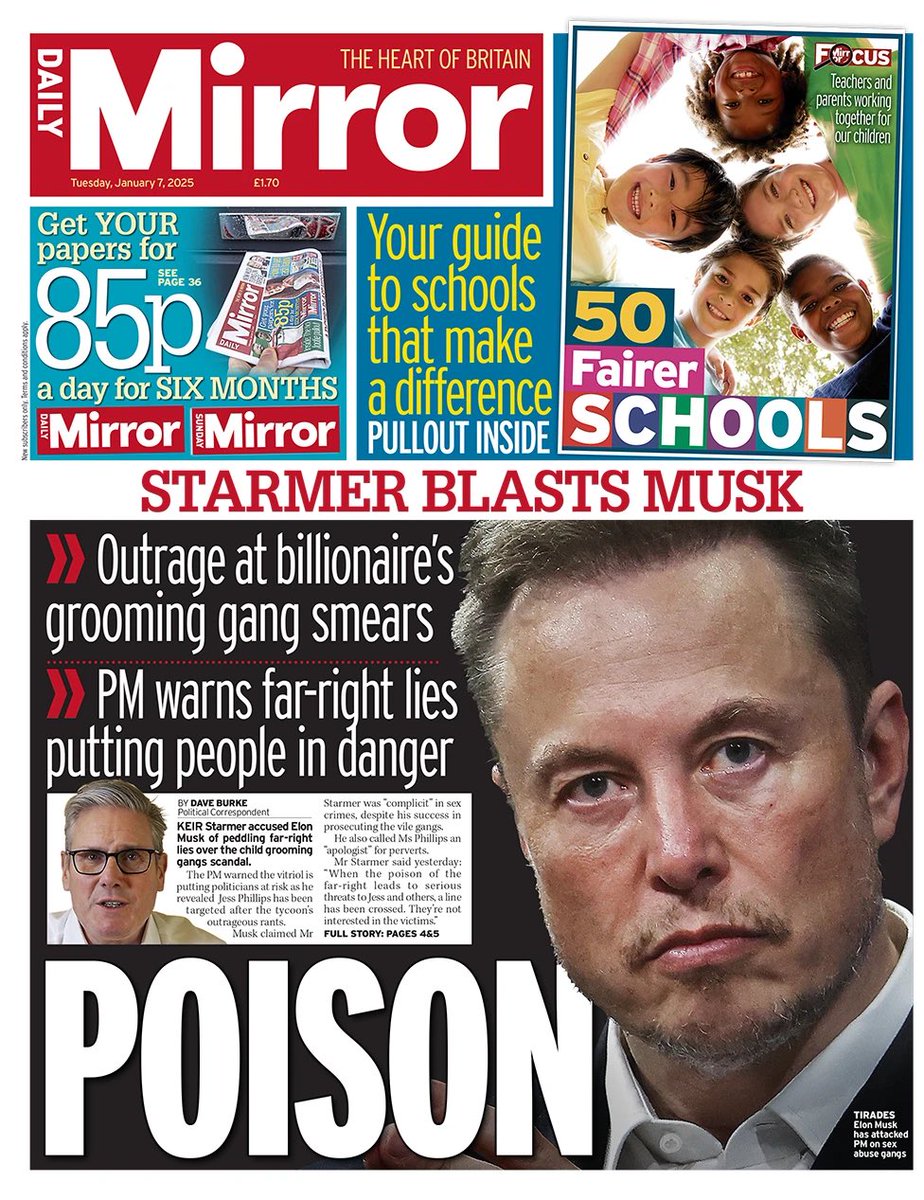 The PM condemning lies and smears from Far Right Troll and Twitter/X owner Elon Musk is today’s <a href="/DailyMirror/">The Mirror</a> splash.