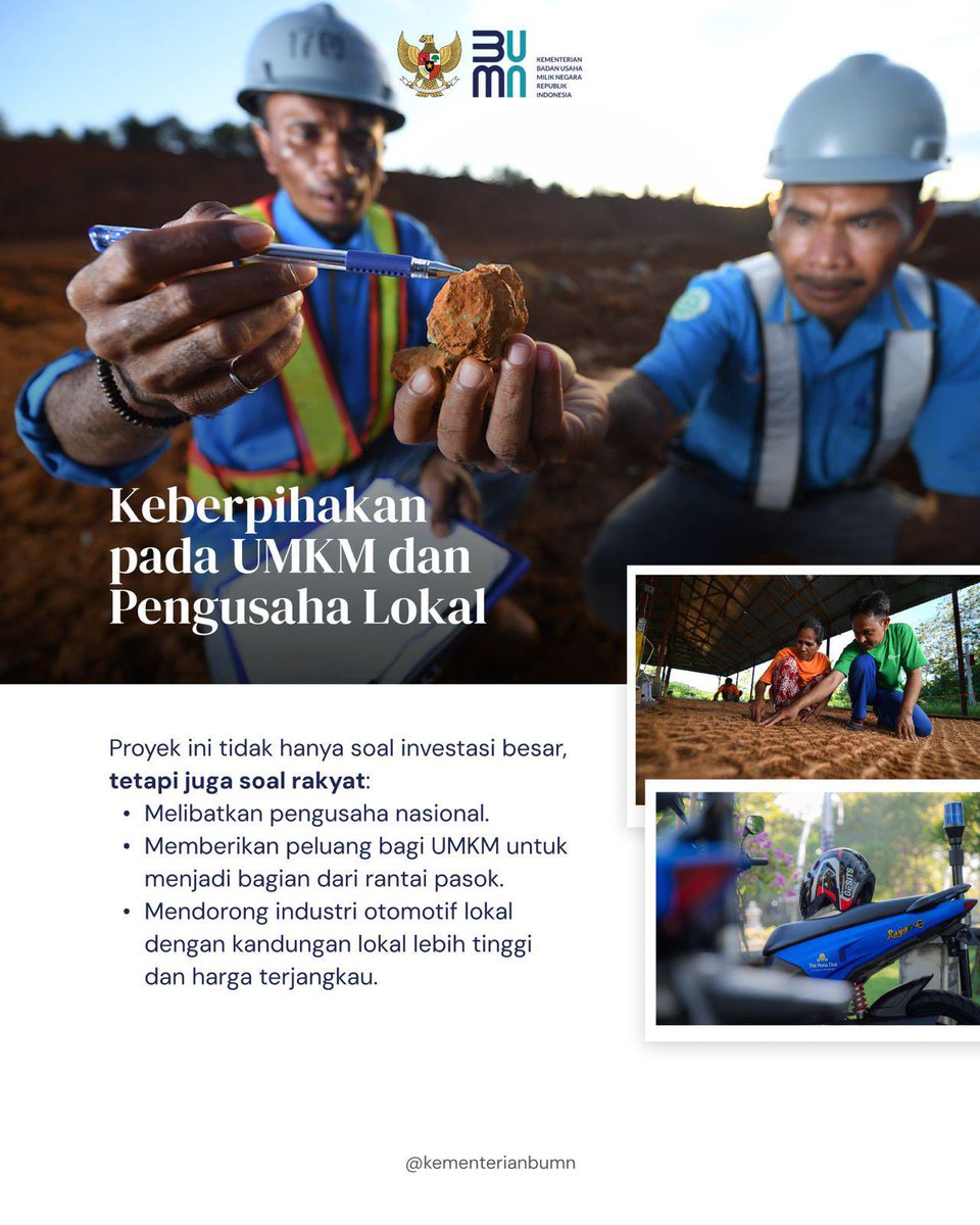 bumn_idn's tweet photo. Dari tambang hingga daur ulang, proyek ini berpihak pada rakyat: menciptakan lapangan kerja, melibatkan UMKM, dan membangun masa depan yang lebih hijau.
#BUMNUntukHijau
#TransformasiEnergi
#BUMNUntukIndonesia https://t.co/QiiAdvyrB7