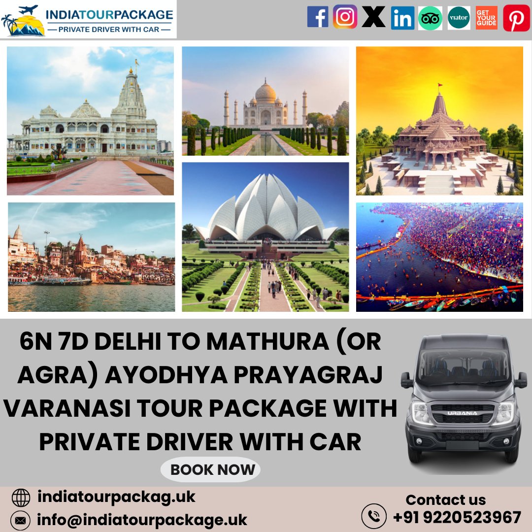 6N 7D DELHI TO MATHURA (OR AGRA) AYODHYA PRAYAGRAJ VARANASI TOUR PACKAGE WITH PRIVATE DRIVER WITH CAREmbark on an enriching 6N/7D journey with India Tour Package, exploring the spiritual heart of India by car. This unforgettable journey combines spirituality, culture, and the warmth of Indian hospitality, offering a perfect escape into the sacred landscapes of North India.
Book your unforgettable adventure today!
Book Now! 4
Call or Whatsapp:
+91 9220523967
Website:www.indiatourpackage.uk
Email: info@indiatourpackage.uk
Address:
2491, Nalwa St, Aram Bagh Pahargani, New Delhi 110055
#delhi #mathaura #agra #ayodhya #rammandir #prayagraj #varanasi #lotustemple #tajamahal #enjoy #tourpackages 