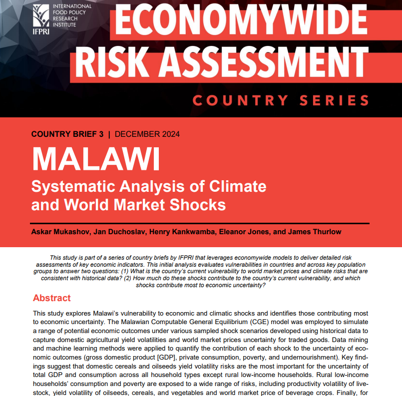 IFPRIMalawi's tweet photo. #NowReading Malawi: Systematic analysis of climate and world market shocks.

✍️By: Askar Mukashov, @j_duchoslav, @henrykankwamba, Eleanor Jones, &amp; James Thurlow.

🖥️https://t.co/MecIOQX9t6

@CGIAR https://t.co/ZrJtjFEUDg