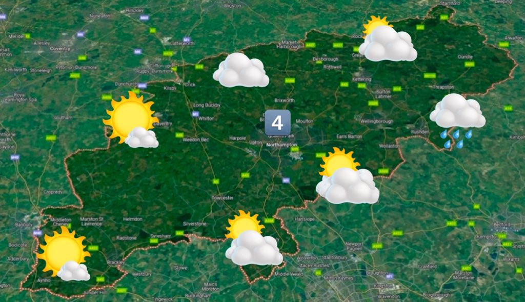 Good morning Northamptonshire. 

A scattered wintry shower possible today otherwise it’s a mostly dry Tuesday in the county with sunny spells. A westerly breeze. 4°C.

Dry tomorrow with cloud &amp; a few brighter spells. 2°C.