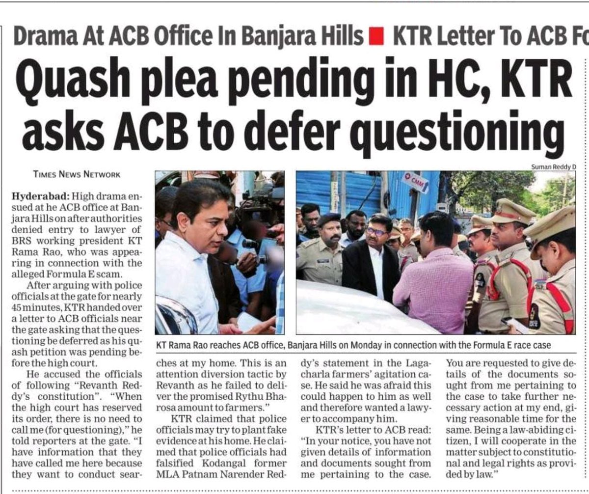 GovTelangana's tweet photo. #High drama at the @TelanganaACB office in #BanjaraHills! 
@KTRBRS challenges questioning in #FormulaEscam, citing pending #HighCourt quash plea. 
Denied #lawyer access, he calls out "#diversion #tactics" &amp; seeks clarity on #evidence. 

#Hyderabad #KTR #BRS #FormulaECase #ACBRaid https://t.co/SFEQQcqAyR