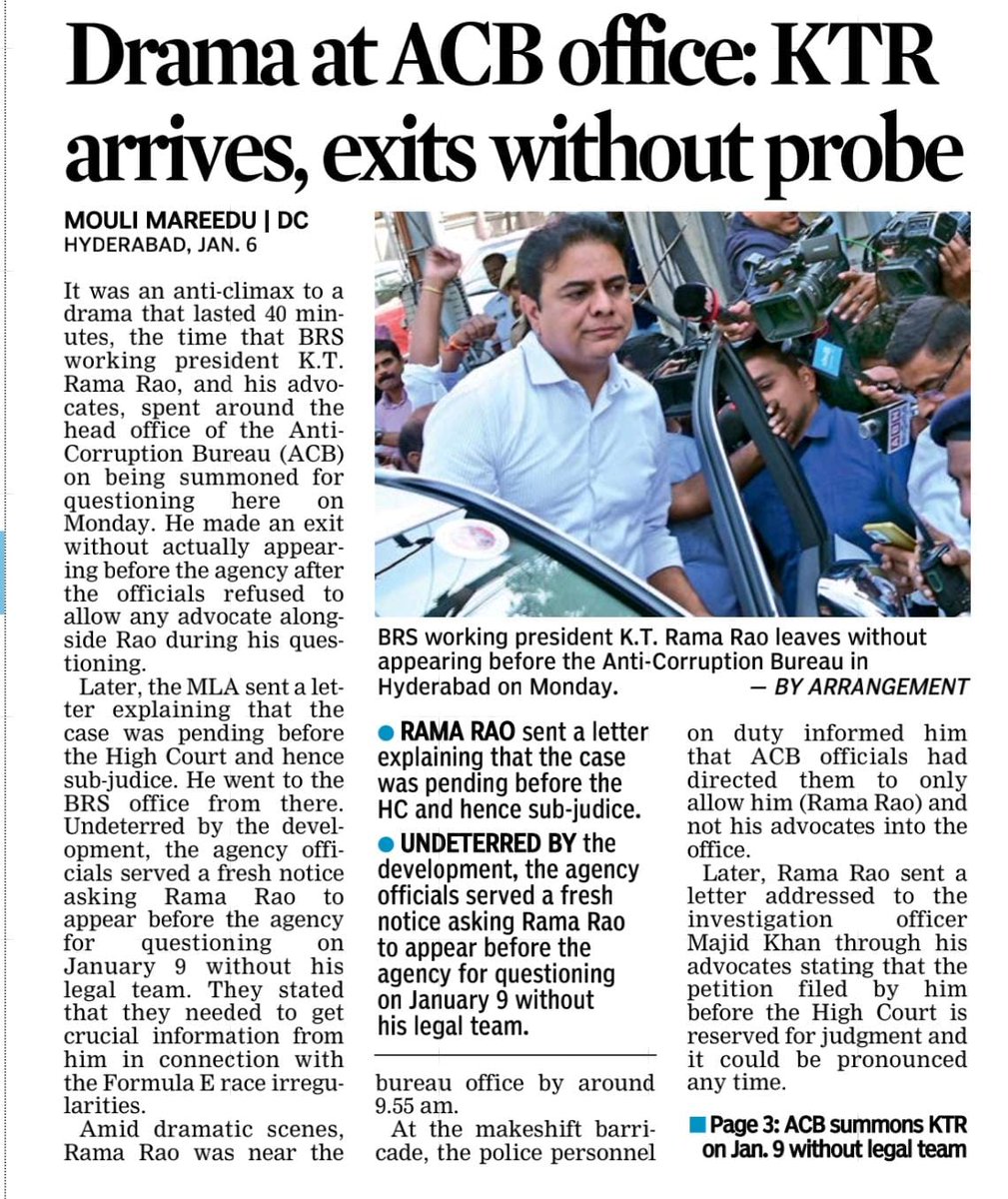 GovTelangana's tweet photo. #High drama at the @TelanganaACB office in #BanjaraHills! 
@KTRBRS challenges questioning in #FormulaEscam, citing pending #HighCourt quash plea. 
Denied #lawyer access, he calls out "#diversion #tactics" &amp; seeks clarity on #evidence. 

#Hyderabad #KTR #BRS #FormulaECase #ACBRaid https://t.co/SFEQQcqAyR
