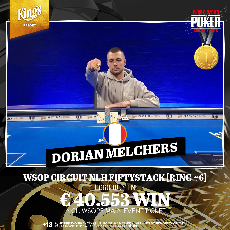 PokerroomKings's tweet photo. 🥇🏆🥇Announcement of the Winner 🥇🏆🥇

Congratulations go to Dorian Melchers from 🇫🇷 France 🇫🇷, who has won the WSOP Circuit NLH FiftyStack [RING #6] and took home €40,553 incl. WSOPE Main Event ticket! 💰💰👏🎊🎉

Find your tournament here!
https://t.co/TWQEM3TVk2 https://t.co/lB21BvrfHT