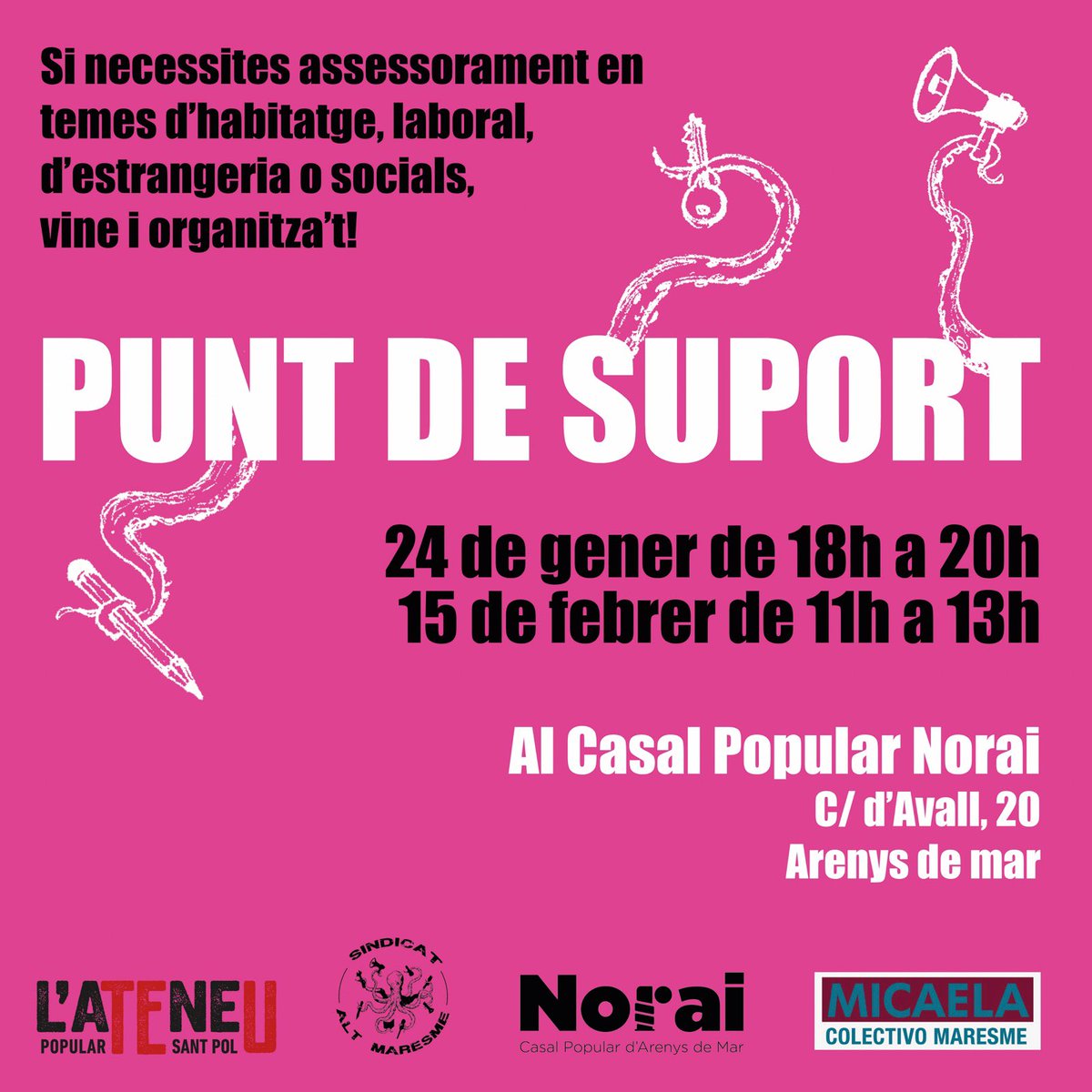Reprenem punt de suport i anem a Arenys de Mar! Amb el <a href="/ColectivoMicae/">Colectivo Micaela</a> <a href="/casal_arenys/">Casal Popular Norai</a> #AteneuPopularStPol i <a href="/XarxaArenys/">Xarxa Habitatge Arenys</a> 

Comencem el divendres 24 de gener a #CasalPopularNorai, carrer d’Avall 20