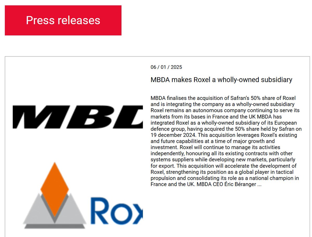 GifasOfficiel's tweet image. [#défense] : #Roxel devient une filiale à part entière de @MBDAGroup qui acquiert les 50% du capital détenus par @SAFRAN. Cette #acquisition accélérera le développement de Roxel, renforçant sa position d'acteur mondial de la #propulsion tactique et "consolidant son rôle de