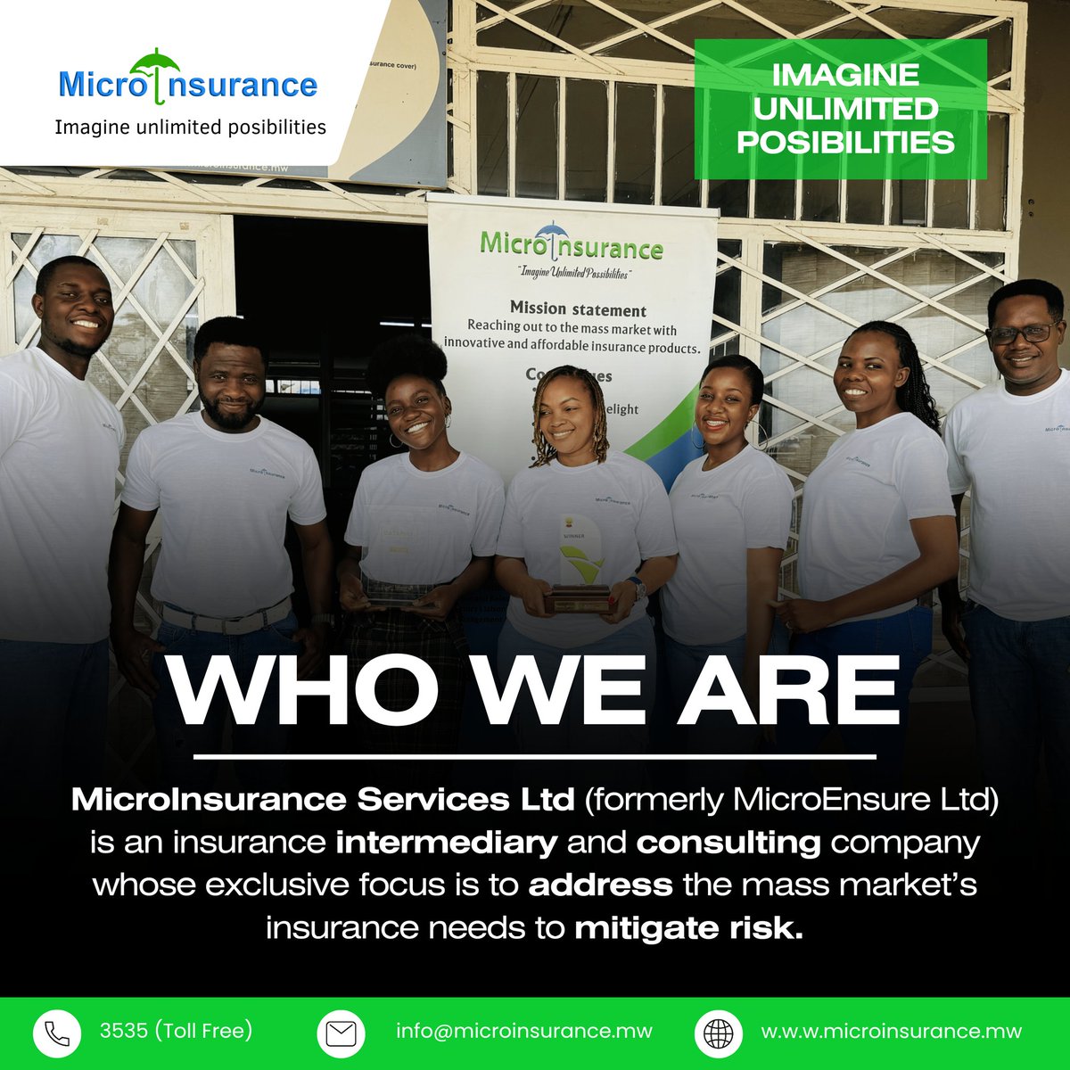 Empower Your Future with MicroInsurance Services Ltd! 
Accessible, affordable, and innovative insurance solutions designed for everyone. Let's build a secure future together!🛡️

Imagine Unlimited Possibilities with us! 

#InsuranceForAll #MicroInsurance #InnovativeInsurance