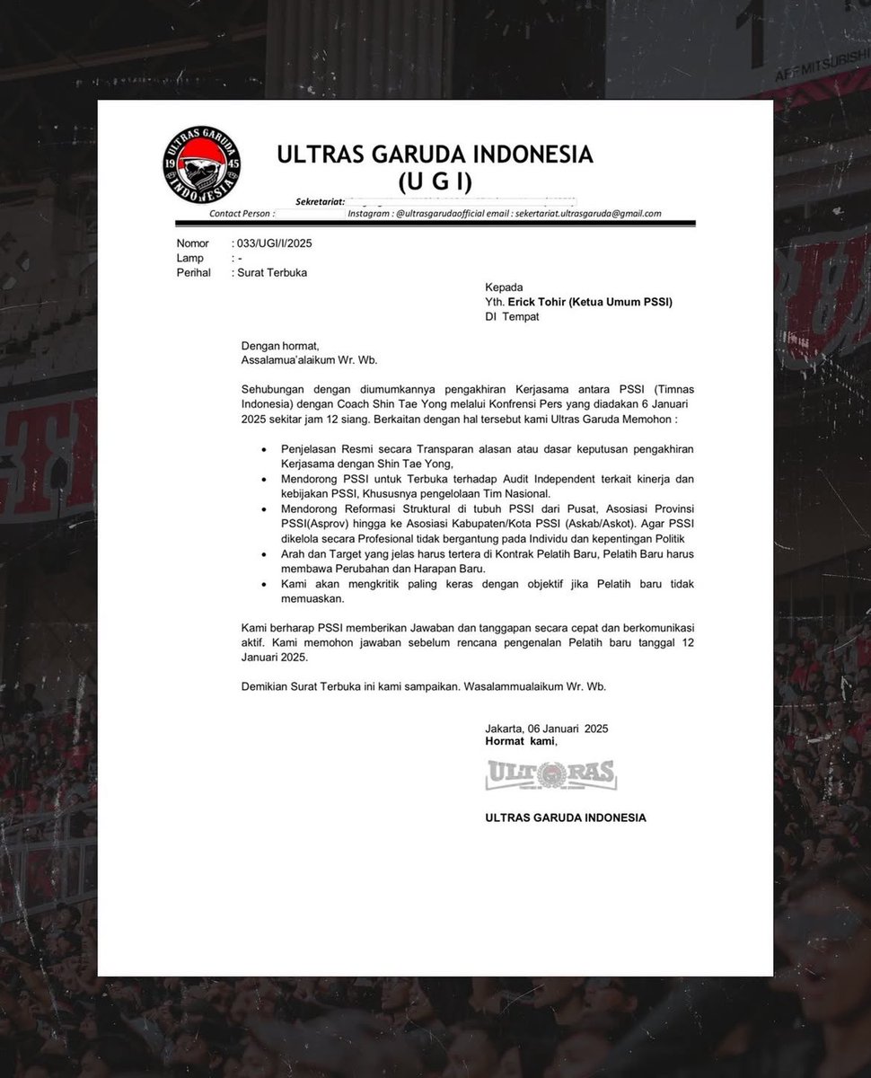 🚨BREAKING : Ultras Garuda Indonesia kirim surat terbuka ke Ketum PSSI Erick Thohir mengenai Pemecatan Shin Tae-yong. 

(UGI) Berharap PSSI memberikan jawaban dan tanggapan secara cepat dan berkomunikasi Aktif sebelum tanggal 12 Januari‼️

Semangat menyuarakan aspirasi