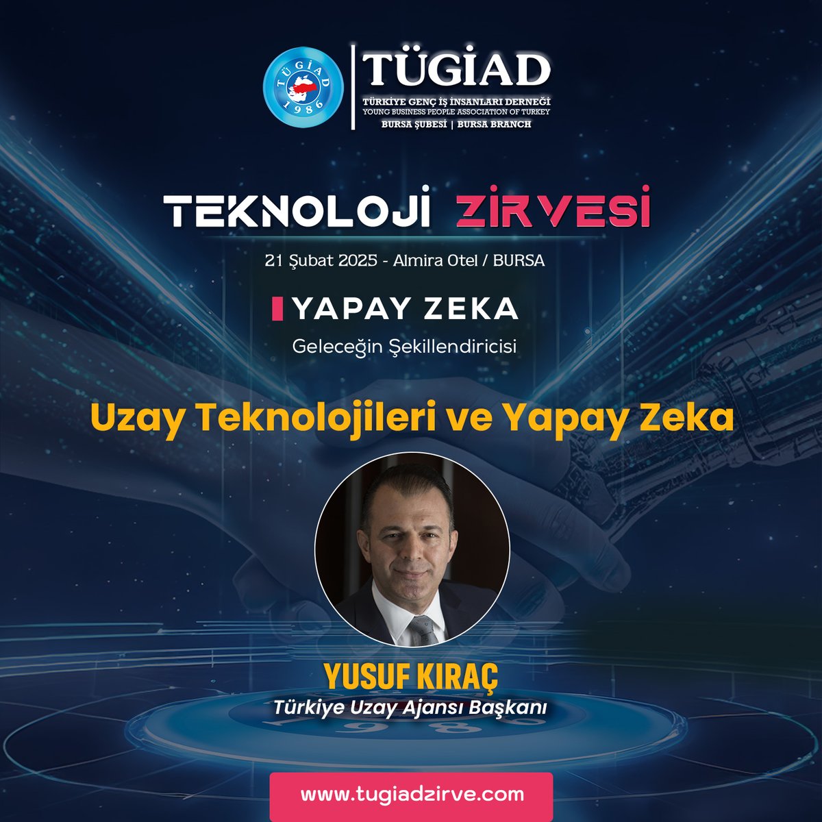 PlazaEventTr's tweet photo. 🚀TÜGİAD Teknoloji Zirvesi'nde, Türkiye Uzay Ajansı Başkanı Yusuf Kıraç ile birlikte Uzay Teknolojileri ve Yapay Zeka bir araya geliyor.

👉Detaylı bilgi ve kayıt için; https://t.co/OtZVuXWN75

#TUGİAD #TeknolojiZirvesi #YapayZeka #UzayTeknolojileri #İnovasyon #TürkiyeUzayAjansı https://t.co/awVwsGgICV