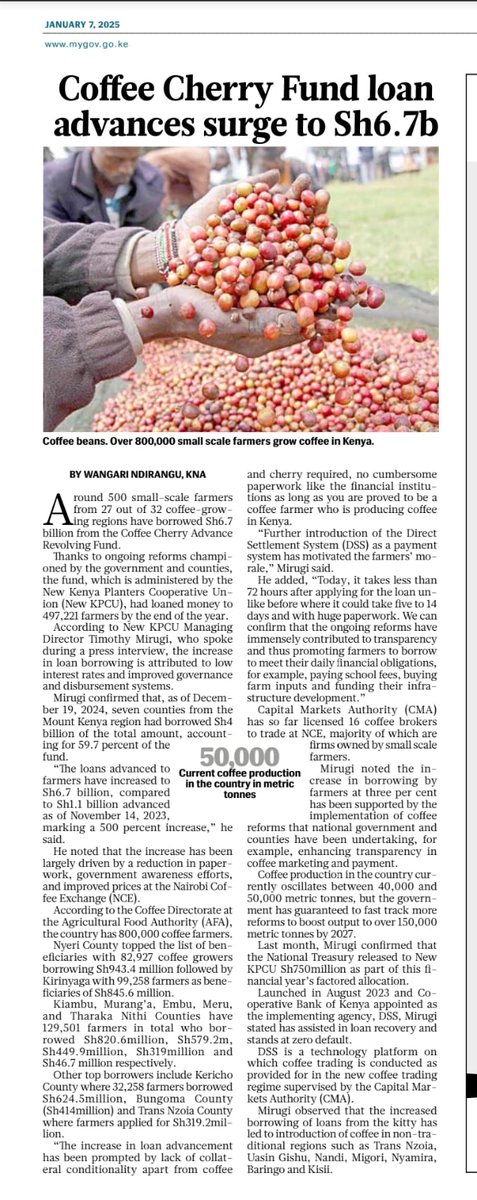 NewKpcu's tweet photo. COFFEE CHERRY ADVANCE REVOLVING FUND SURGES TO 6.7 BILLION
"The loans advanced to farmers have increased to Ksh 6.7 Billion compared to ksh 1.1 Billion advanced as of November 14th 2023, marking a 500% increase." - New KPCU MD Timothy Mirugi.
#kahawanidollar #coffeereforms #ccarf https://t.co/CigCnRxgNg