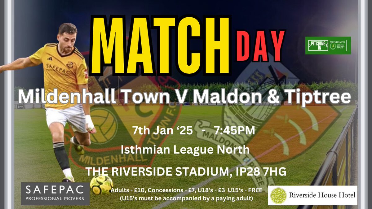 Mildenhall Town FC (@mildenhalltown) on Twitter photo ⚽️⚽️ MATCH DAY ⚽️⚽️
We welcome <a href="/MaldonTiptreeFC/">Maldon & Tiptree FC</a> to The Riverside Stadium tonight for our latest <a href="/IsthmianLeague/">The Pitching In Isthmian League</a> North fixture, it’s a 7:45pm kick-off.
Get along and support the boys as we look to continue our unbeaten run
#upthehall ⚽️⚽️ MATCH DAY ⚽️⚽️
We welcome <a href="/MaldonTiptreeFC/">Maldon & Tiptree FC</a> to The Riverside Stadium tonight for our latest <a href="/IsthmianLeague/">The Pitching In Isthmian League</a> North fixture, it’s a 7:45pm kick-off.
Get along and support the boys as we look to continue our unbeaten run
#upthehall