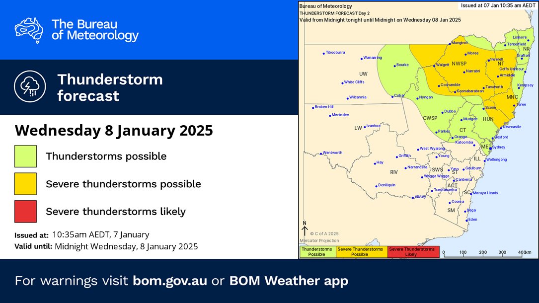 Tomorrow's thunderstorm FORECAST
Trough continues to bring the chance of severe thunderstorms.
Generally storms are a risk anytime with heavy rainfall possible, this may lead to flash flooding.
Northern inland, damaging winds possible with storms.
Details: bom.gov.au/nsw/?ref=hdr