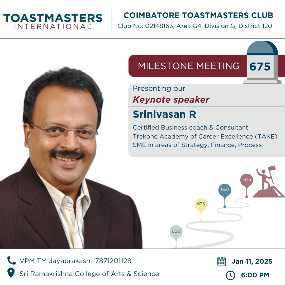 CTC_since_2011's tweet photo. Hello 
We are delighted to invite you to the upcoming milestone meeting #675 of CTC. This special event will feature Srinivasan certified coach t fraternity at Coimbatore for the first time.
🗓️ Date: 11-01-25
🕒 Time: 6:00 P.M
📍 Venue: Sri Ramakrishna College of Arts &amp; Science https://t.co/21Bdv9uDsx