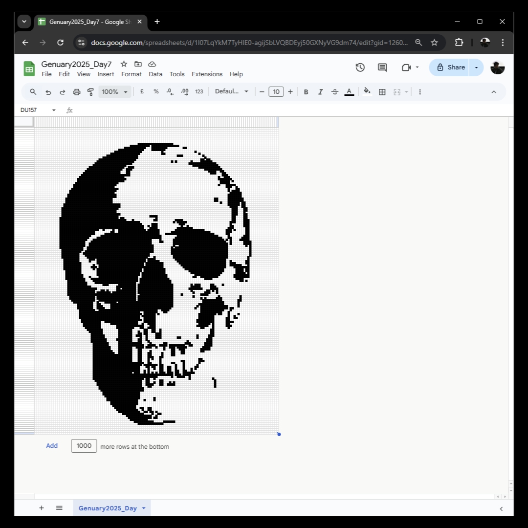 #genuary Day 7: Use software that is not intended to create art or images. 

A skull rendered in Google sheets. Initially I wanted to do it in Excel, so I could call it an "Excel-lent skull", but Sheets was simpler to use 😃

#genuary2025 #genuary7 #genartclub