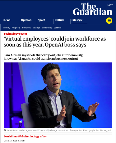 Sam Altman: "As soon as this year, virtual employees could replace actual workers."

Dude, 'virtual employees' is just a fancy (and ideologically distorted) way of saying software. AI can't 'replace' workers because it fundamentally depends on a huge human workforce to function.