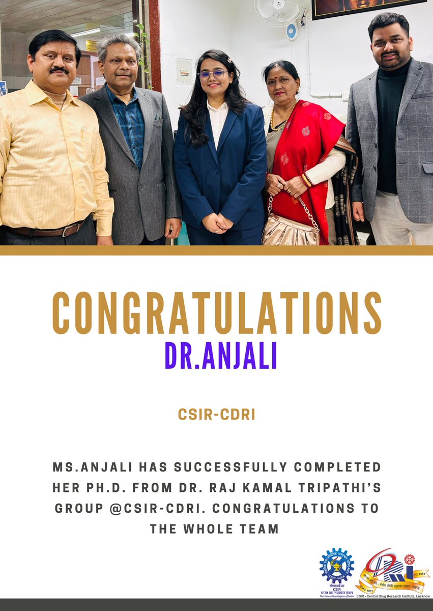 cdriacademy's tweet photo. ๐ Congratulations to Ms. Anjali on successfully completing her #PhD under the guidance of Dr. Raj Kamal Tripathi at @CSIR_CDRI !
Best wishes to her and the entire team for this remarkable achievement! ๐๐โจ
@AnjaliDolly17
#PhDCompletion @CSIR_IND @AcSIR_India https://t.co/ShSkJG6NLp