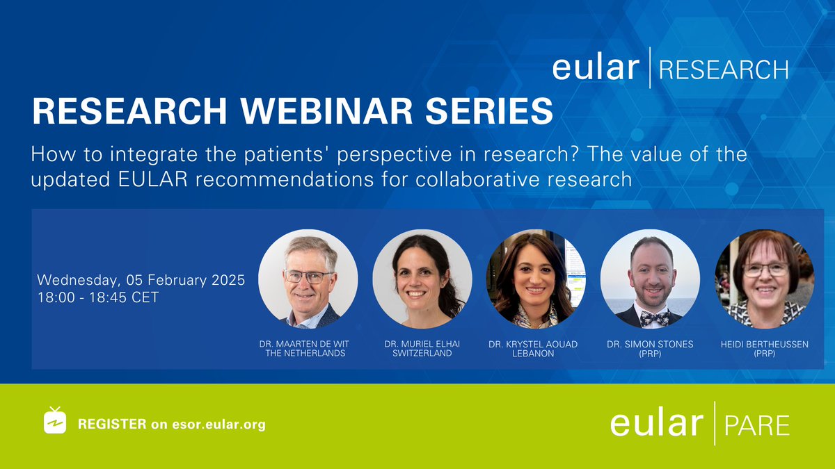 🚀Join us for our "How to integrate the patients' perspective in research? The value of the updated EULAR recommendations for collaborative research" webinar!

💻Wednesday, 05 February, 2025, 18:00 -18:45 CET

Register here👉 pulse.ly/fa0zmvogio

#EULAR #Rheumatology