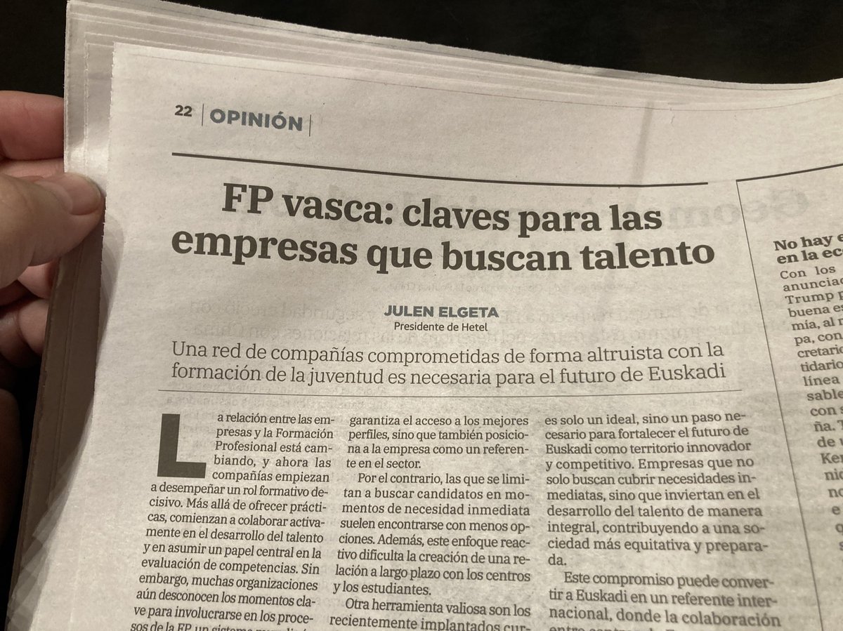 “Ser parte activa en la formación de personas con talento”. Interesante mensaje dirigido a las empresas. Tenemos una FP que merece una mirada no sólo cuando interesa cubrir puertos sino implicándonos desde el inicio en las aulas. A tomar nota. Oso ondo <a href="/JulenElgeta/">Julen Elgeta Guenetxea</a>! <a href="/HETELFP/">HETEL FP</a>