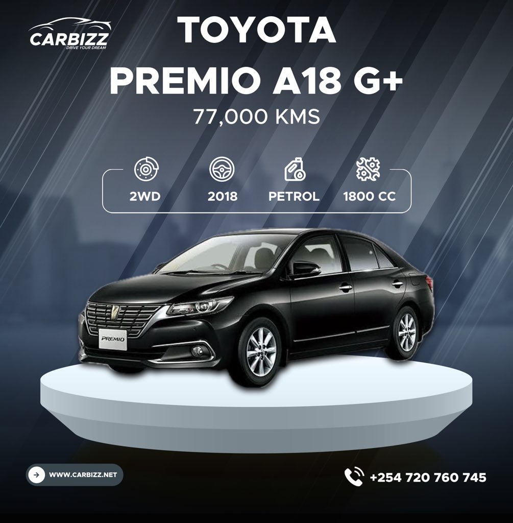 Toyota Premio A18 G+ Package – Navy Blue Elegance

🚗 **Model**: Toyota Premio A18 G+ Package  
🎨 **Color**: Navy Blue  
📊 **Mileage**: 77,000 kms  
💰 **Price**: KSh 2,300,000  

Experience refined driving with the Toyota Premio A18 G+ Package. This elegant sedan, draped in a