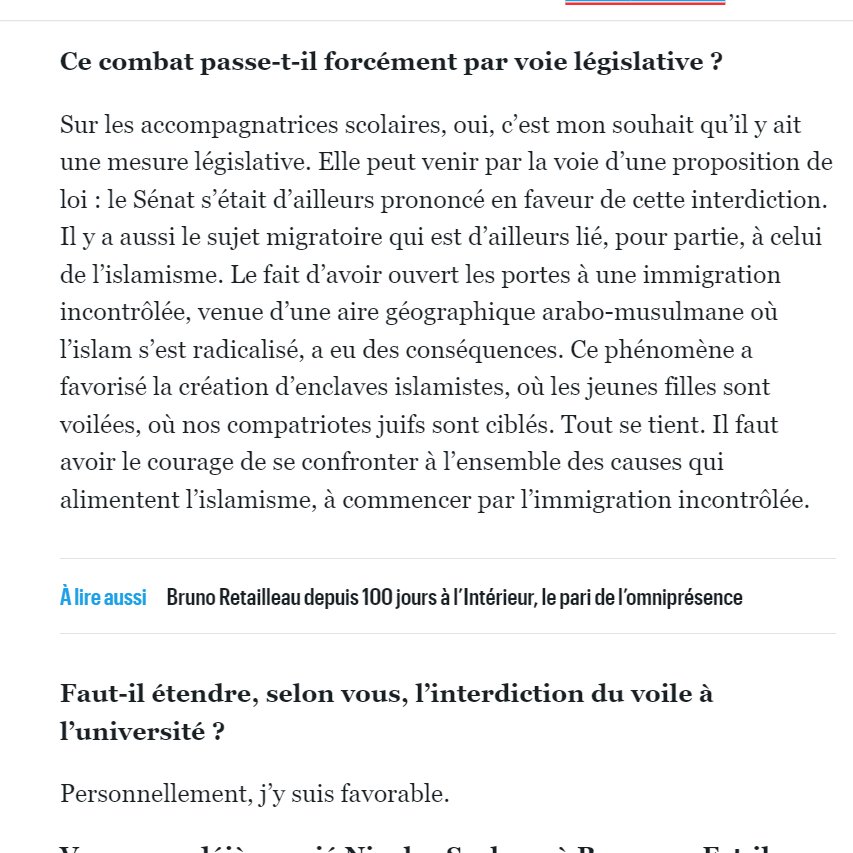 NassiraELM's tweet photo. Au @le_Parisien , Bruno Retailleau annonce qu'il veut légiférer contre le foulard porté par des mères d'élèves qui accompagnent des sorties scolaires qu'il assimile à une "menace de nos institutions", sans que cela n'émeuve les intervieweurs qui parlent de "combat". https://t.co/r8vWxqgraN