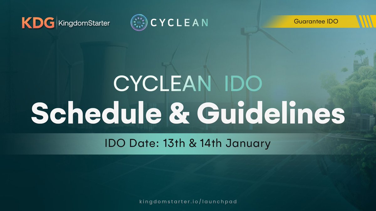 Kingdomstarter's tweet photo. 📢#CYCLEAN #IDO - Detailed schedule & guidelines ⚡️⚡️

✅Ticker: CCL (BNB Chain)
✅Total supply: 1,000,000,000 CCL
✅#IDO price: $0.035
✅Total Raise on KingdomStarter: $200,000
✅Vesting period: 20% at TGE, 20% linear release every months ends in 4 months
✍️Stake at: https://t.co/454TaLVhD9
☀️Commit time: 5AM January 13th - 1PM January 14th (UTC)
☀️Listing time: 15th January
☀️Claiming time: 15th January
☀️Vesting time: 20% at TGE, 20% linear release every months ends in 4 months
✔️IDO model: Guarantee IDO

🎯Note: From April 2024, please use Metamask for IDO in KDG

🤪 Join at: https://t.co/xVq9pYjdHK

#IDO #launchpad #blockchain