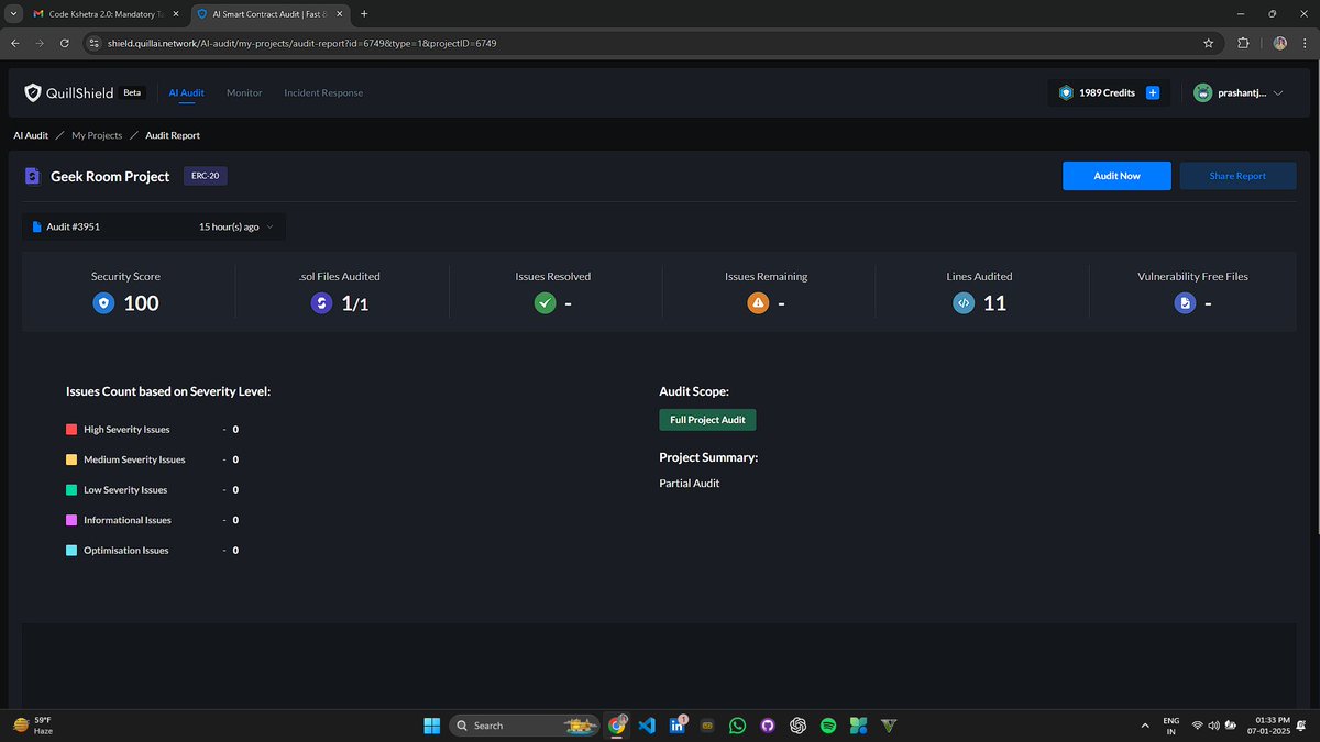 pj_code's tweet photo. Just Completed my First Task at the Hackathon: Code kshetra 2.0 🚀 Here's the Screenshot of My Report. 📷
@QuillAI_Network @naitik_shrma 
My teammates: Chinmay, Kashish, Devansh

#HackathonJourney #QuillAI_Network https://t.co/quJ5cDl399