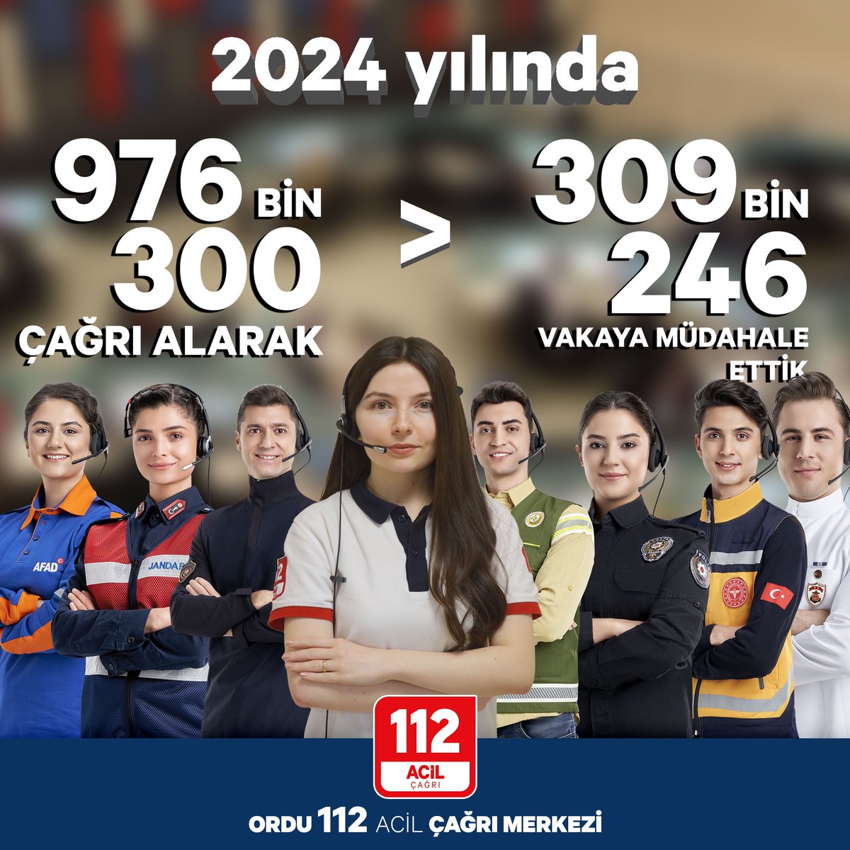 2024 yılında;

9️⃣7️⃣6️⃣ bin 3️⃣0️⃣0️⃣ çağrı alarak, 3️⃣0️⃣9️⃣ bin 2️⃣4️⃣6️⃣ acil durum vakasına müdahale ettik. 

📌 İhtiyacınız olan her anda 112 Acil Çağrı yanınızda. 

#112BirBirİki