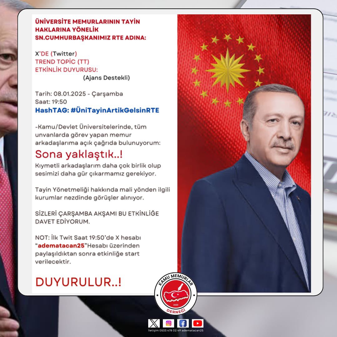 ÜNİVERSİTELERDE GÖREV YAPAN TÜM ARKADAŞLARIMIZI X ETKİNLİĞİNE DAVET EDİYORUM…

Kıymetli arkadaşlarım 45 yıla yakın bir zaman diliminde bu sorunun düzeltilmesine yönelik hiçbir şekilde resmi adımlar atılmazken;

KAMEM derneği olarak;

Samimiyetle ve  Canla Başla
2 yıldır bu sorun