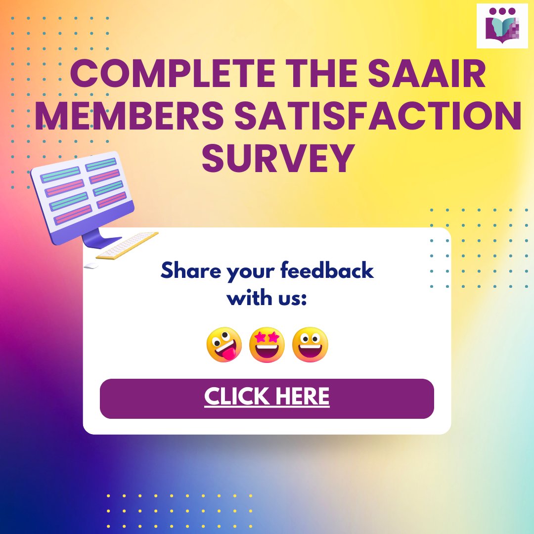 There is still time to complete the SAAIR Members Satisfaction Survey 😊

Link to survey: lnkd.in/dzJWGqwD

#SAAIR30 #InstitutionalResearch #HigherEducation #SAAIRMembership