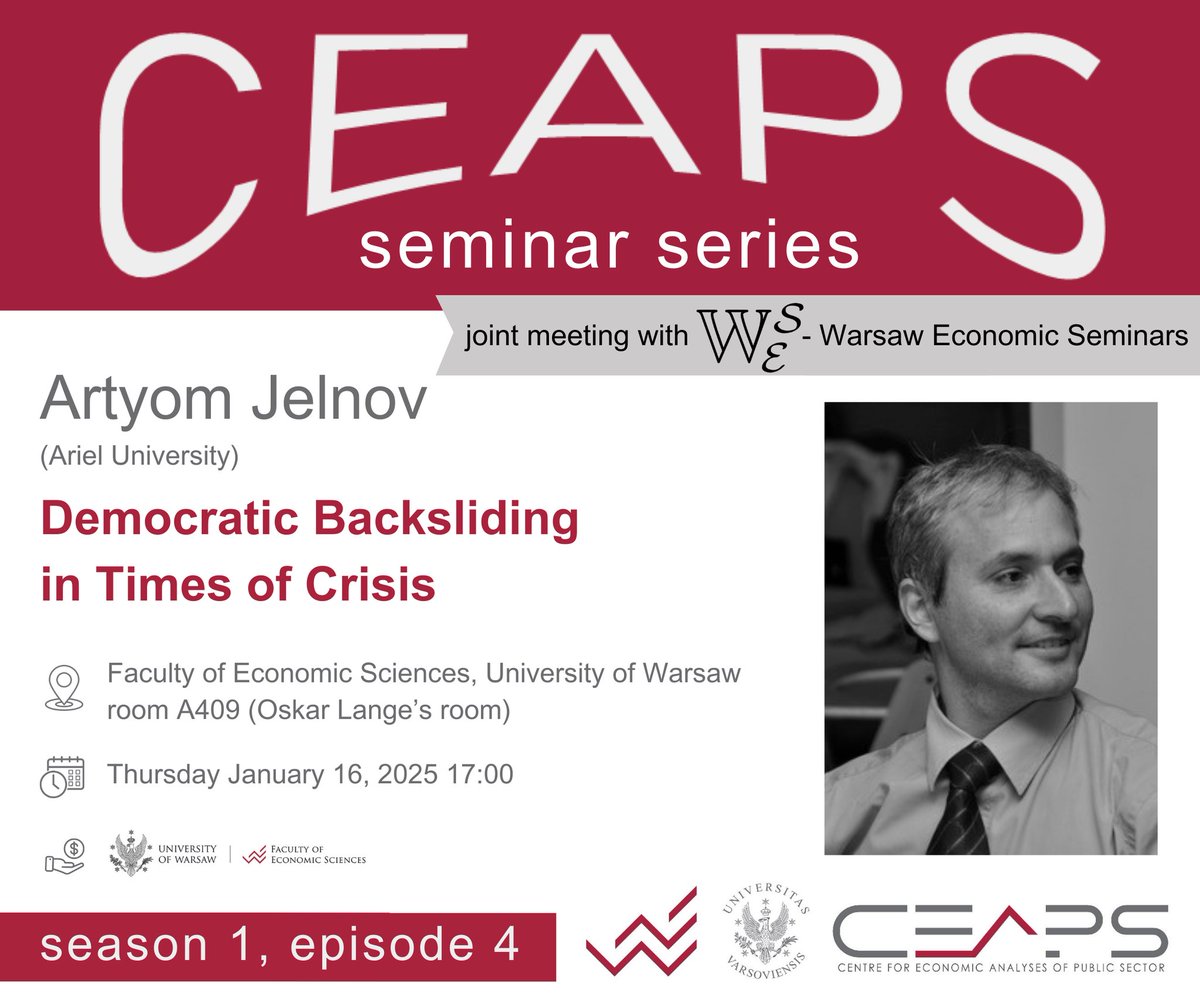 With pleasure we invite you to the next meeting of CEAPS Seminar Series - Season 1 at <a href="/EconUW/">WNE_UW</a>💥 We host distinguished speakers specilizing in topics at the intersection of economics, law, and political science. Check out Episode 4️⃣ feat. Artyom Jelnov (<a href="/arieluniversity/">אוניברסיטת אריאל ariel university</a>)👇