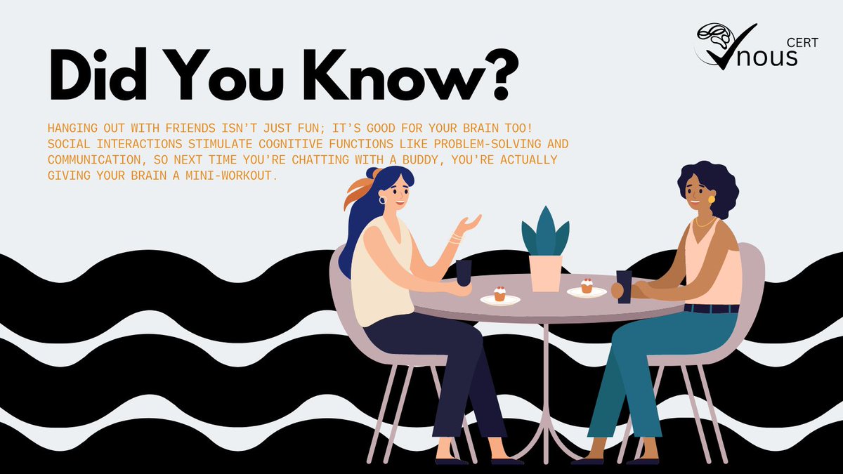 nous_CERT's tweet photo. 🧠💬 Did you know? Hanging out with friends is brain food too! Social interactions boost cognitive functions like problem-solving &amp; communication. Every chat is a mini workout for your brain. So keep those conversations going! #BrainHealth #CognitiveBoost https://t.co/f0SKOAM2Je