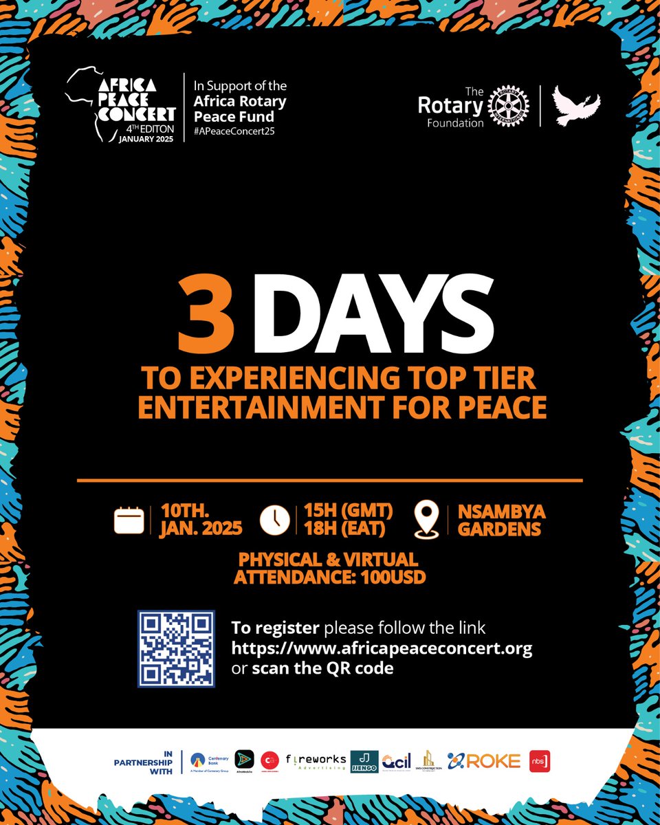 In just 3 days, the Africa Peace Concert will bring the world together for impactful conversations on peace and unity. 
*For Payments*
🔗online | africapeaceconcert.org 
*Mobile Money Payments*
Winfred Bukirwa 
0774-575072
0703-672967
💵 : $100 for both Physical and Virtual