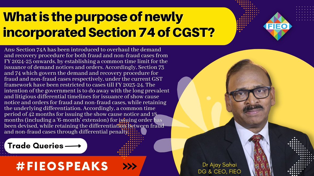 FieoHq's tweet photo. #TradeQueries

Q: What is the purpose of newly incorporated Section 74 of CGST?

#FIEOSpeaks #exports #imports #purpose #incorporated #Section74 #CGST #demand #recovery #procedure #fraud #nonfraud #GSTFramework #GST #differential #timelines #issuance #showcause #notice #order https://t.co/BdSNZ2jQnH