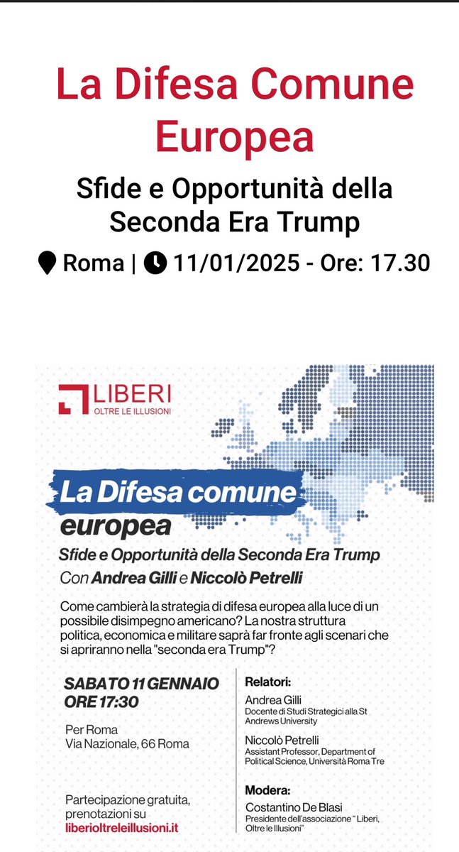 Niccolò Petrelli (@niccolopetrelli) on Twitter photo Sabato 11 gennaio a Roma alle 17.30 insieme con <a href="/aa_gilli/">Andrea Gilli</a> e <a href="/DeShindig/">Costantino De Blasi</a> parla di difesa europea e del nostro ultimo lavoro "Before Vegetius" nel quadro di un evento di <a href="/liberioltre/">Liberi, Oltre le Illusioni 🇺🇦🇪🇺</a>. Per registrarsi: liberioltreleillusioni.it/eventi/evento/…
Vi aspettiamo! Sabato 11 gennaio a Roma alle 17.30 insieme con <a href="/aa_gilli/">Andrea Gilli</a> e <a href="/DeShindig/">Costantino De Blasi</a> parla di difesa europea e del nostro ultimo lavoro "Before Vegetius" nel quadro di un evento di <a href="/liberioltre/">Liberi, Oltre le Illusioni 🇺🇦🇪🇺</a>. Per registrarsi: liberioltreleillusioni.it/eventi/evento/…
Vi aspettiamo!