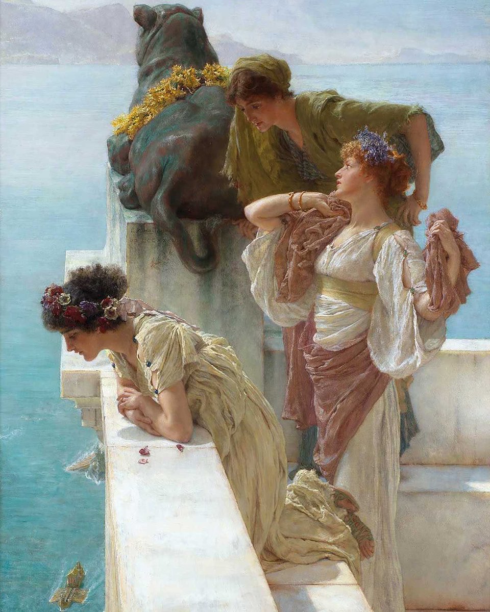p_historians's tweet image. #ClassicalReception
‘A Coign of Vantage’ (1895) by Lawrence Alma Tadema.
The imagined scene shows elite women gathered at a great height gazing down at the vessels on the water far below or out towards some far (presumably azure) horizon.