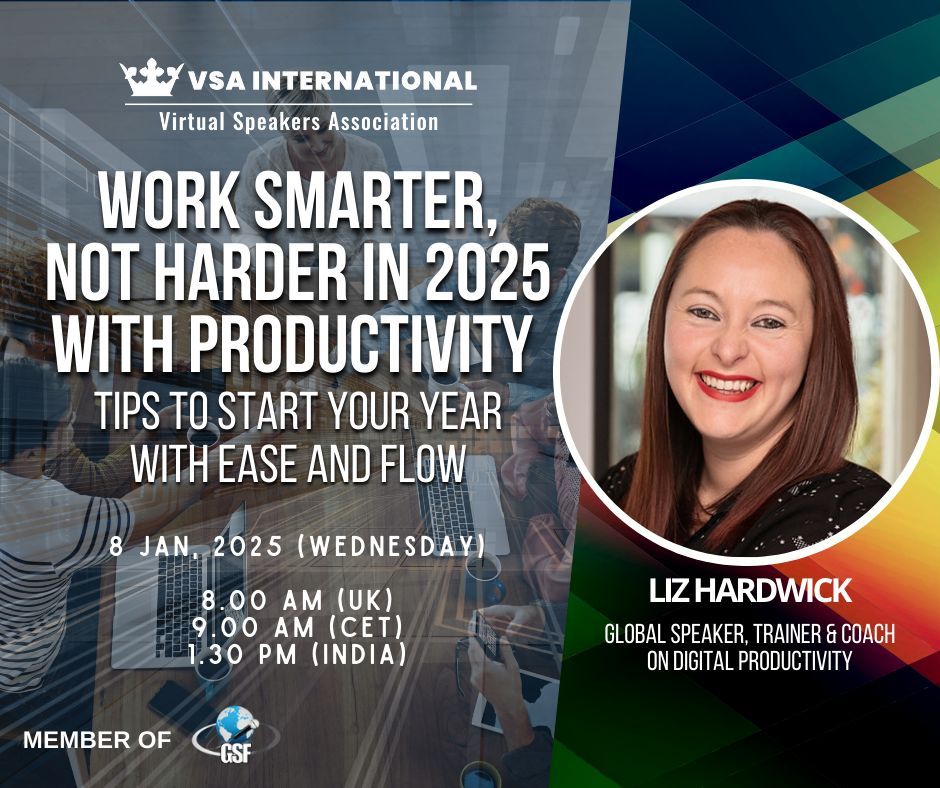 Join Liz for her first talk of 2025!
Work Smarter, Not Harder in 2025 with Productivity Tips to Start Your Year with Ease and Flow 
🗓️ When: 8th Jan 2025 8-9am GMT
📍 Where: Online
💸 Cost: €5 - or free for VSAI members 

RSVP: vsainternational.org/event/work-sma…