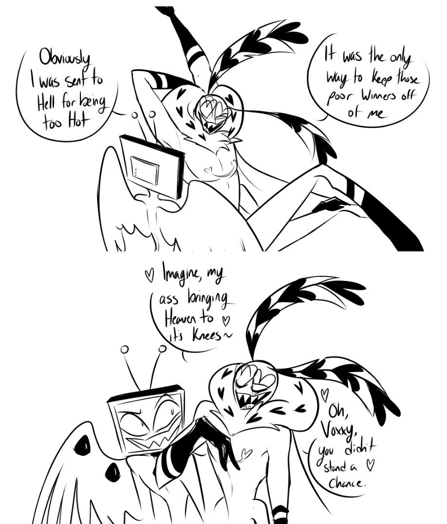 #HazbinHotel #Staticmoth #HazbinHotelVox #HazbinHotelValentino 

Cheering him up - clearly that is the only reason Val is in Hell.

He makes sure to apologize for being a hot piece of ass and of course Vox forgives him; Val can't help that he's so blessed!

(They're both idiots)