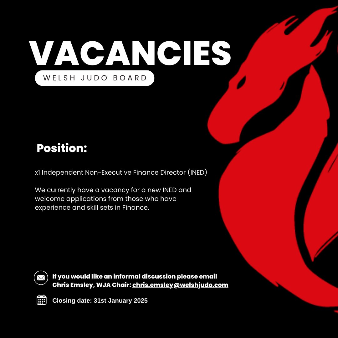 Welsh Judo Association –  Independent Non-Executive Finance Director (INED) Vacancy.
 
🔗 lnkd.in/eJZpNu9C

Closing date: 31st January 2025.

#JudoCymru