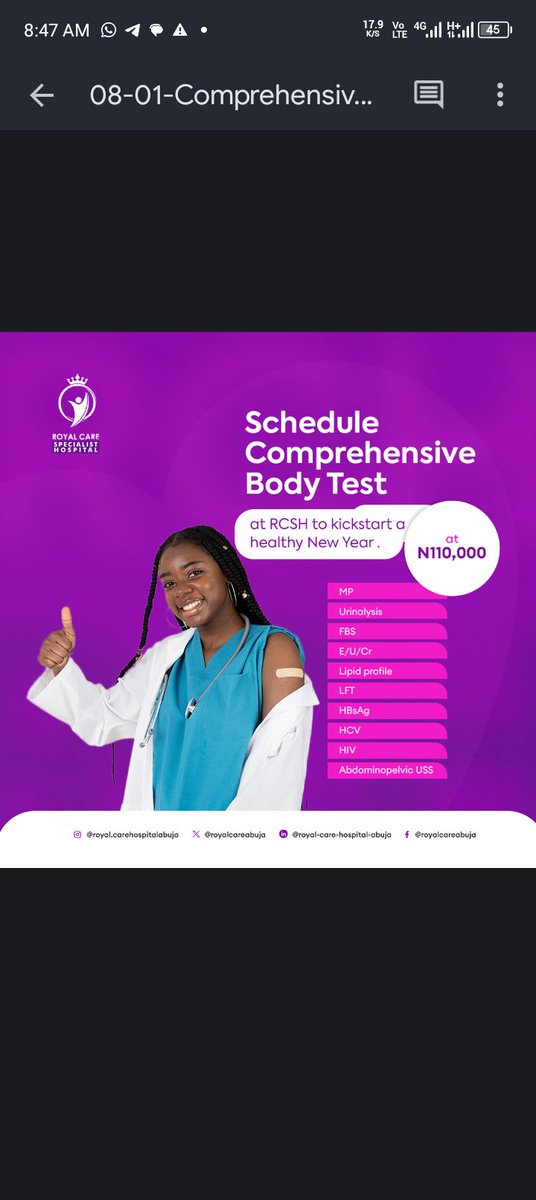 royalcareabuja's tweet photo. Take control of your health! Book a full body test done at our hospital and get a comprehensive picture of your well-being
Stay ahead of health issues!
#ComprehensiveTest
#Fullbodytest
#GwarinpaHospita https://t.co/vUlth5dofM