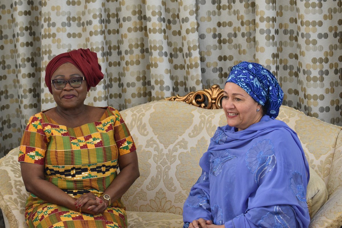 UNinGhana's tweet photo. The @UN Deputy Secretary-General, @AminaJMohammed just arrived in Ghana to attend the inauguration of the President-elect @JDMahama as the 9th President of the Republic of Ghana🇬🇭. She was met on arrival by @charlesabani and @pobee_martha 

The #UNinGhana warmly welcomes you. https://t.co/WNR3WhELda