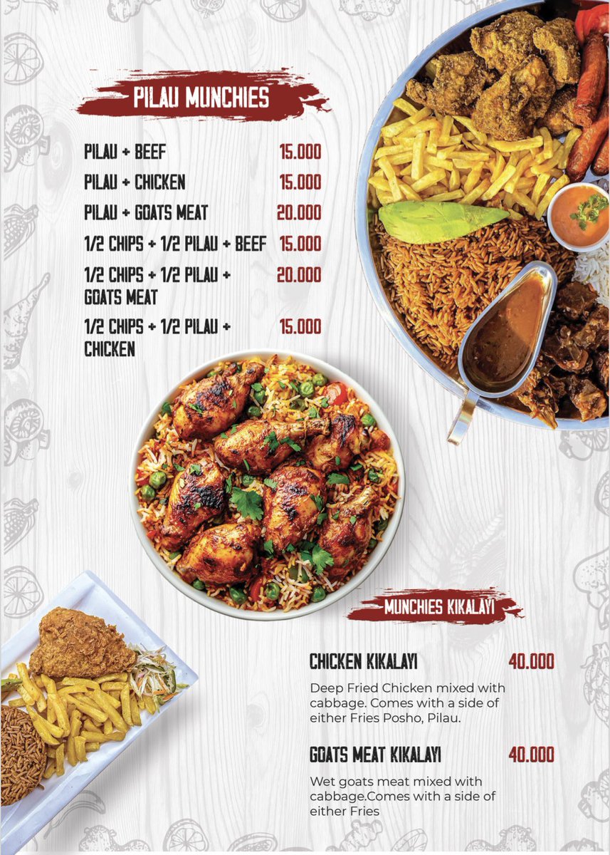 unclemunchiesug's tweet image. New Menu📖 crafted with delicious 🤤combos.
Located 📍Kisaasi-Bahai Road next to family Supermarket.
For delivery & inquiries ☎️: 0758201331