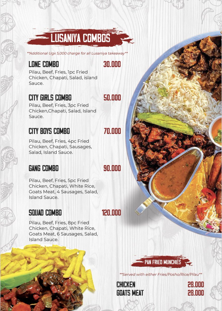 unclemunchiesug's tweet image. New Menu📖 crafted with delicious 🤤combos.
Located 📍Kisaasi-Bahai Road next to family Supermarket.
For delivery & inquiries ☎️: 0758201331