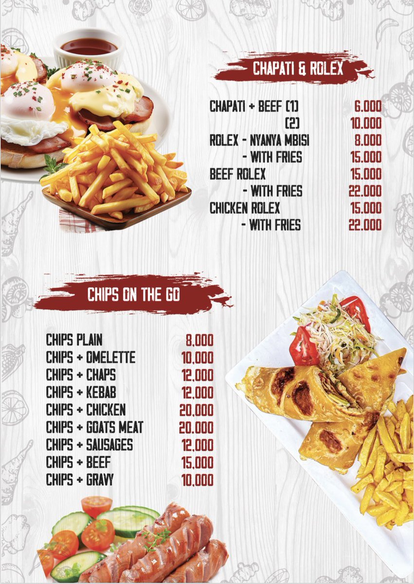 unclemunchiesug's tweet image. New Menu📖 crafted with delicious 🤤combos.
Located 📍Kisaasi-Bahai Road next to family Supermarket.
For delivery & inquiries ☎️: 0758201331